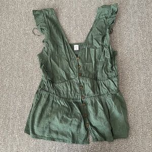 Green blouse Waist-Defined V-Neck Button-Front Blouse for Women